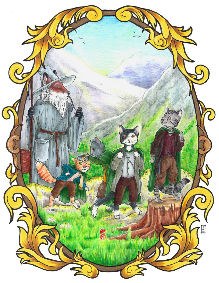 alternate_species anthro art_nouveau barefoot clothed clothing feet grass group male outside plant smoking smoking_pipe staff tree_stump foxene j._r._r._tolkien middle-earth_(tolkien) the_lord_of_the_rings frodo_baggins gandalf_the_grey meriadoc_brandybuck peregrin_took samwise_gamgee canid canine domestic_cat felid feline felis fox mammal 2020 hi_res traditional_media_(artwork)