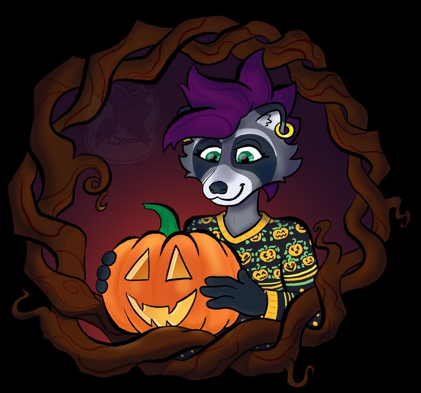 autumn clothing food fruit fur grey_body grey_fur hair holidays jack-o'-lantern plant pumpkin purple_hair sweater topwear vines misspooks halloween mammal procyonid raccoon absurd_res alpha_channel hi_res