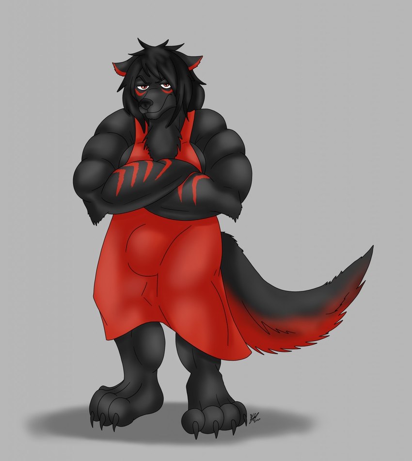 anthro biceps black_body black_fur black_hair black_nose bulge chest_tuft clothing crossed_arms dress fur grumpy hair male markings muscular muscular_arms plantigrade red_clothing red_dress red_eyes red_markings solo tuft upset dritazura alexzandr_sokolov canid canine canis mammal wolf hi_res