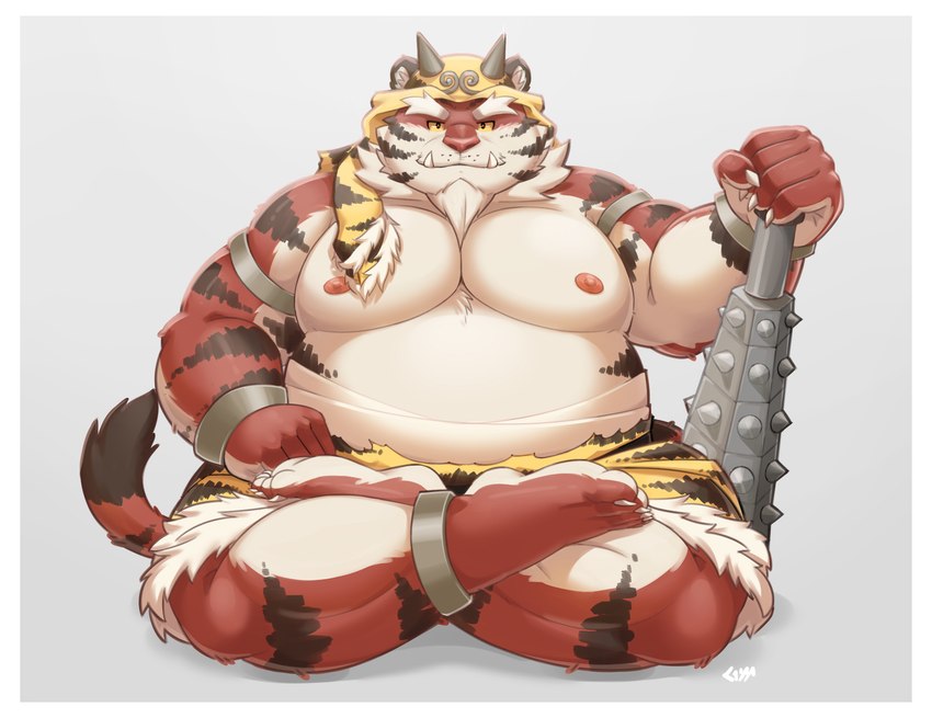 anthro belly border bottomwear clothing cute_fangs fangs horn humanoid_hands kemono loincloth male moobs nipples overweight overweight_male red_body sitting solo teeth weapon white_body white_border aotoaka setsubun felid mammal pantherine tiger 2022 hi_res