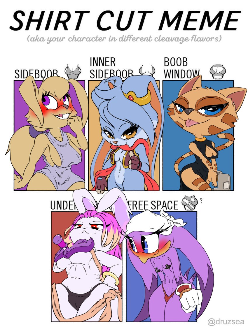 anthro blush breasts camel_toe female group pasties side_boob suggestive teasing text tongue tongue_out under_boob claydust epic_games fur_fighters gunfire_reborn jazz_jackrabbit_(series) kaze_and_the_wild_masks sega shirt_cut_meme sonic_riders sonic_the_hedgehog_(series) juliette_(fur_fighters) kaze_(kaze_and_the_wild_masks) lori_jackrabbit tao_(gunfire_reborn) wave_the_swallow avian bird domestic_cat felid feline felis hare hirundinid lagomorph leporid mammal oscine passerine rabbit swallow_(bird) digital_media_(artwork) english_text hi_res meme