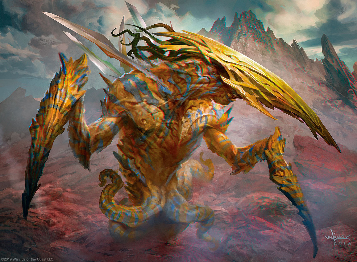 ambiguous_gender claws cloud detailed_background feral mountain outside rock solo standing tentacles yellow_body svetlin_velinov hasbro magic:_the_gathering wizards_of_the_coast sliver_(magic:_the_gathering) 2018 official_art