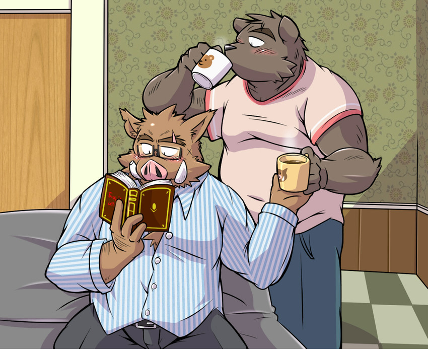 anthro beverage blush book bottomwear brown_body brown_fur clothing coffee detailed_background duo eyewear fur glasses humanoid_hands kemono male male/male overweight overweight_male pants reading shirt sitting topwear oogamikennta bear mammal suid suine sus_(pig) wild_boar 2015