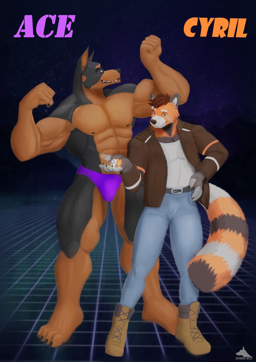 5_fingers abs anthro areola biped black_body black_fur black_nose brown_body brown_fur brown_hair bulge claws clothed clothing d6 dice duo fangs finger_claws fingers fully_clothed fur green_eyes hair male male/male muscular muscular_anthro muscular_male nipples orange_body orange_fur pecs plantigrade purple_eyes teeth topless dobie-ace ailurid canid canine canis dobermann domestic_dog mammal pinscher red_panda absurd_res hi_res