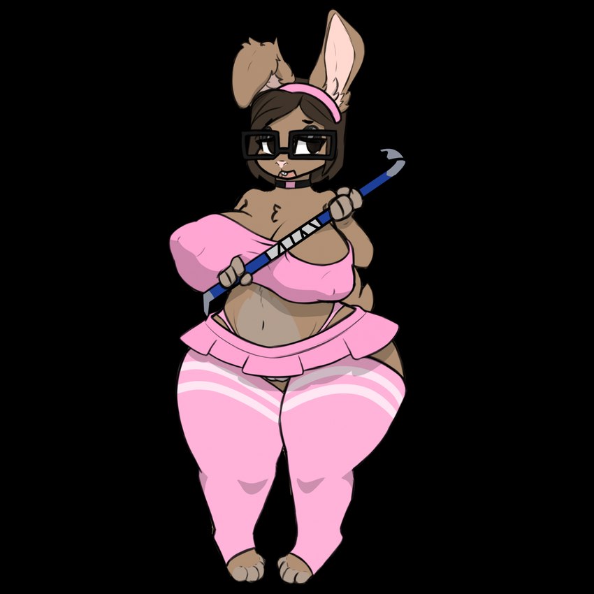 accessory anthro areola_outline big_breasts big_butt bottomwear breasts brown_body butt choker clothed clothing crowbar eyeshadow eyewear female floppy_ears glasses hair_accessory hairband holding_object holding_weapon huge_breasts jewelry legwear makeup microskirt miniskirt navel necklace panties rectangular_glasses skirt solo thick_thighs thigh_highs tools topwear tube_top underwear upskirt weapon wide_hips alrecsolus lagomorph leporid mammal rabbit 1:1 alpha_channel hi_res