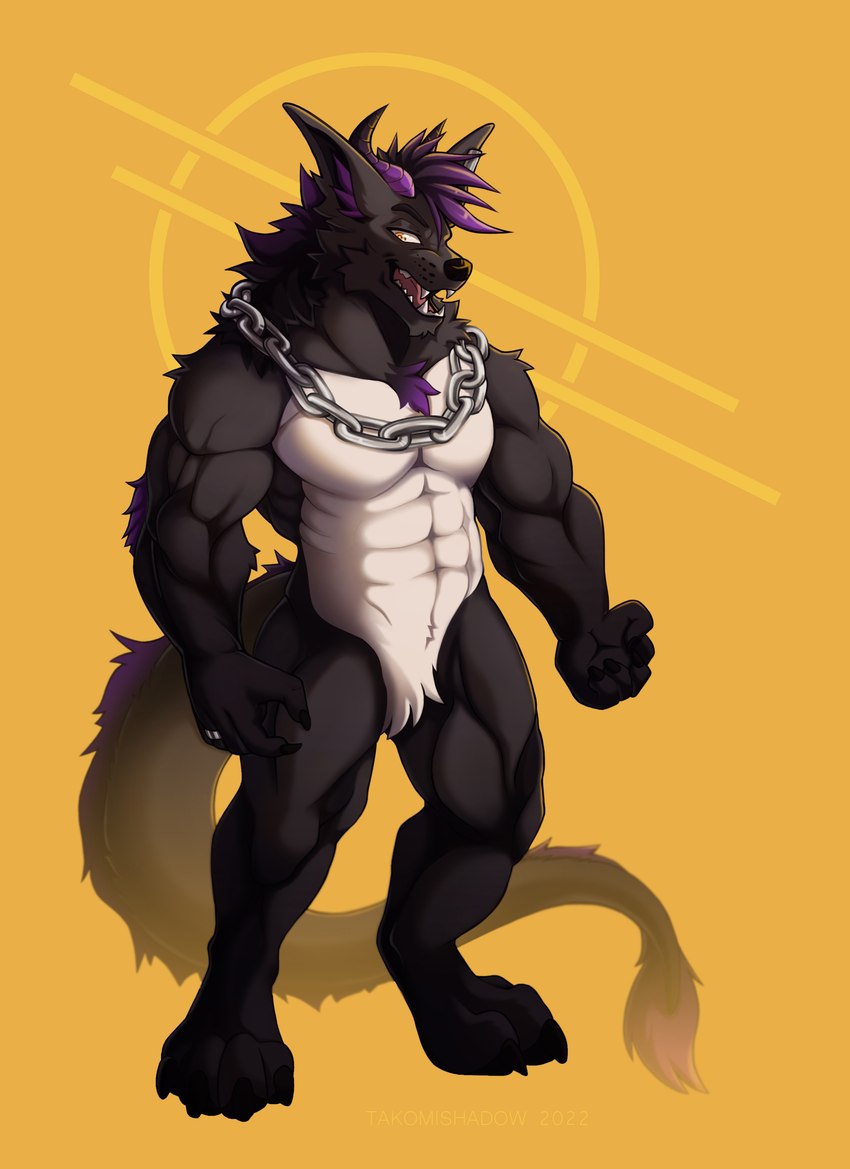 anthro chain horn long_tail male muscular muscular_male pose solo tail takomishadow mythology canid canine canis demon dragon hybrid mammal mythological_creature mythological_scalie scalie wolf absurd_res hi_res pinup