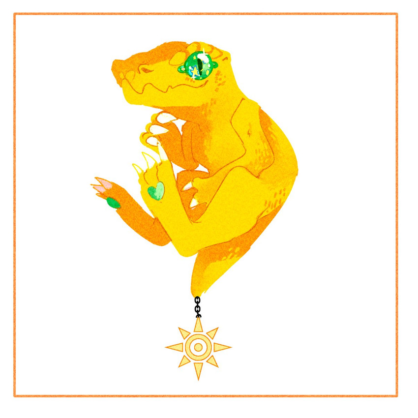 ambiguous_gender border claws crest_of_courage digimon_crest feet fingers green_eyes orange_body orange_scales scales smile solo symbol toes white_border maybelsart bandai_namco digimon agumon digimon_(species) reptile scalie 1:1 hi_res