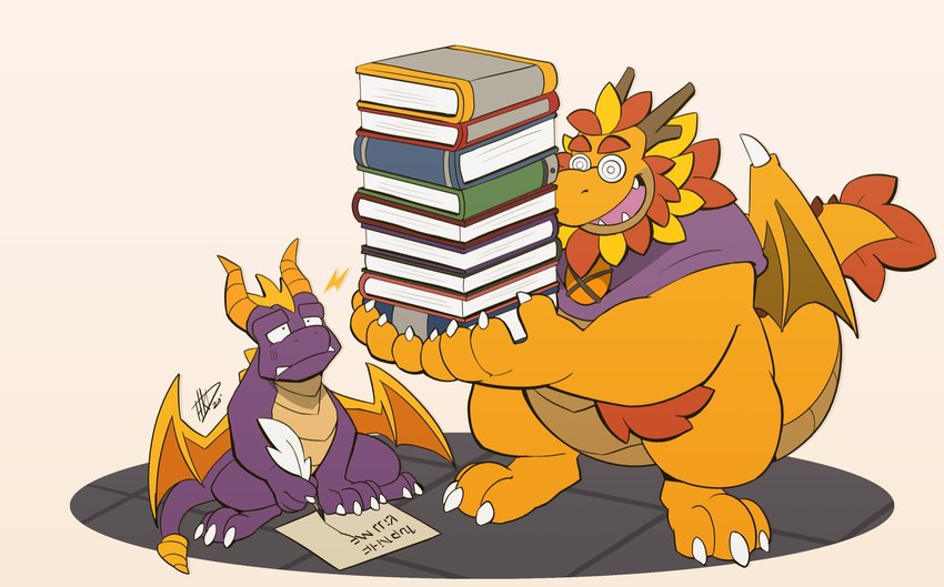 anthro arm_tuft book duo elbow_tuft eyewear feral glasses holding_object horn male paper pen purple_body simple_background standing tail tuft wings writing_utensil yellow_body hikazedragon activision mythology spyro_the_dragon otto_(hikazedragon) spyro dragon mythological_creature mythological_scalie scalie hi_res