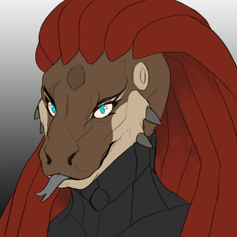 anthro blue_eyes clothed clothing collar dreadlocks eyeliner eyeshadow female forked_tongue gradient_background hair horn latex long_hair machine makeup mascara simple_background solo tongue tongue_out rogueliger melion_(beyxer) android reptile robot scalie trenco 2017 bust_portrait digital_media_(artwork) portrait