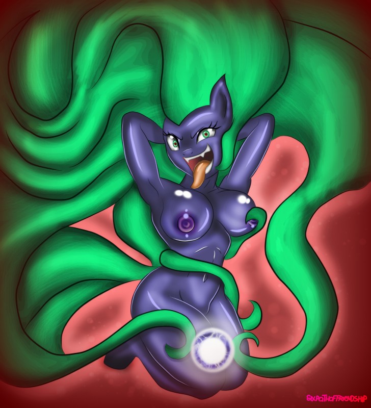 anthro anthrofied biped breasts electricity fangs female green_eyes green_hair hair kneeling long_hair looking_at_viewer multicolored_eyes navel nipples nude orb red_eyes solo teeth tentacles tongue tongue_out sixpathoffriendship friendship_is_magic hasbro my_little_pony mane-iac_(mlp) power_ponies_(mlp) earth_pony equid equine horse mammal pony 2014 absurd_res digital_media_(artwork) hi_res