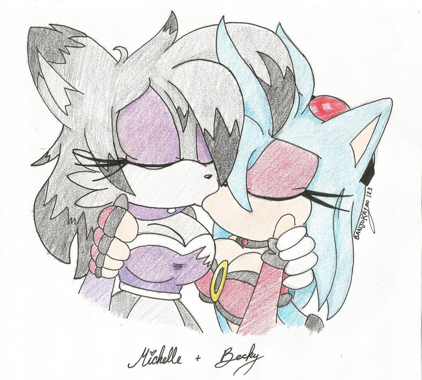 anthro armwear blue_hair breasts cleavage clothed clothing dipstick_ears duo ear_markings elbow_gloves eyelashes eyes_closed eyeshadow female female/female frown fur gloves grey_body grey_fur grey_hair hair hand_behind_back handwear hug kiss_on_lips kissing makeup midriff multicolored_ears purple_eyeshadow red_eyeshadow banjokazoo123 sega sonic_the_hedgehog_(series) michelle_faine purity_the_hedgehog eulipotyphlan hedgehog mammal 2016 hi_res traditional_media_(artwork)