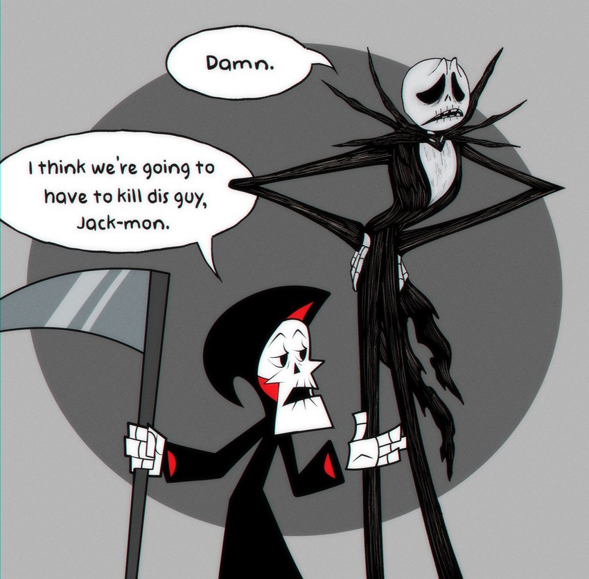 bone clothed clothing dialogue duo humor male melee_weapon narrow_hips not_furry polearm sad scythe simple_background skeleton speech_bubble text thin_calves thin_legs thin_thighs weapon rasbipac cartoon_network i_think_we're_gonna_have_to_kill_this_guy the_grim_adventures_of_billy_and_mandy the_nightmare_before_christmas death_(personification) grim_(tgaobam) jack_skellington animated_skeleton undead 2023 absurd_res english_text hi_res meme reaction_image