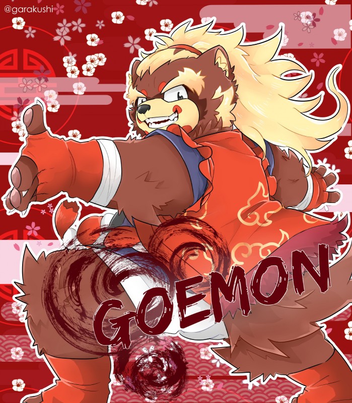 anthro black_nose bottomwear clothed clothing humanoid_hands male shorts slightly_chubby solo teeth text garakushi lifewonders tokyo_afterschool_summoners goemon_(tas) canid canine mammal raccoon_dog tanuki 2019 absurd_res hi_res