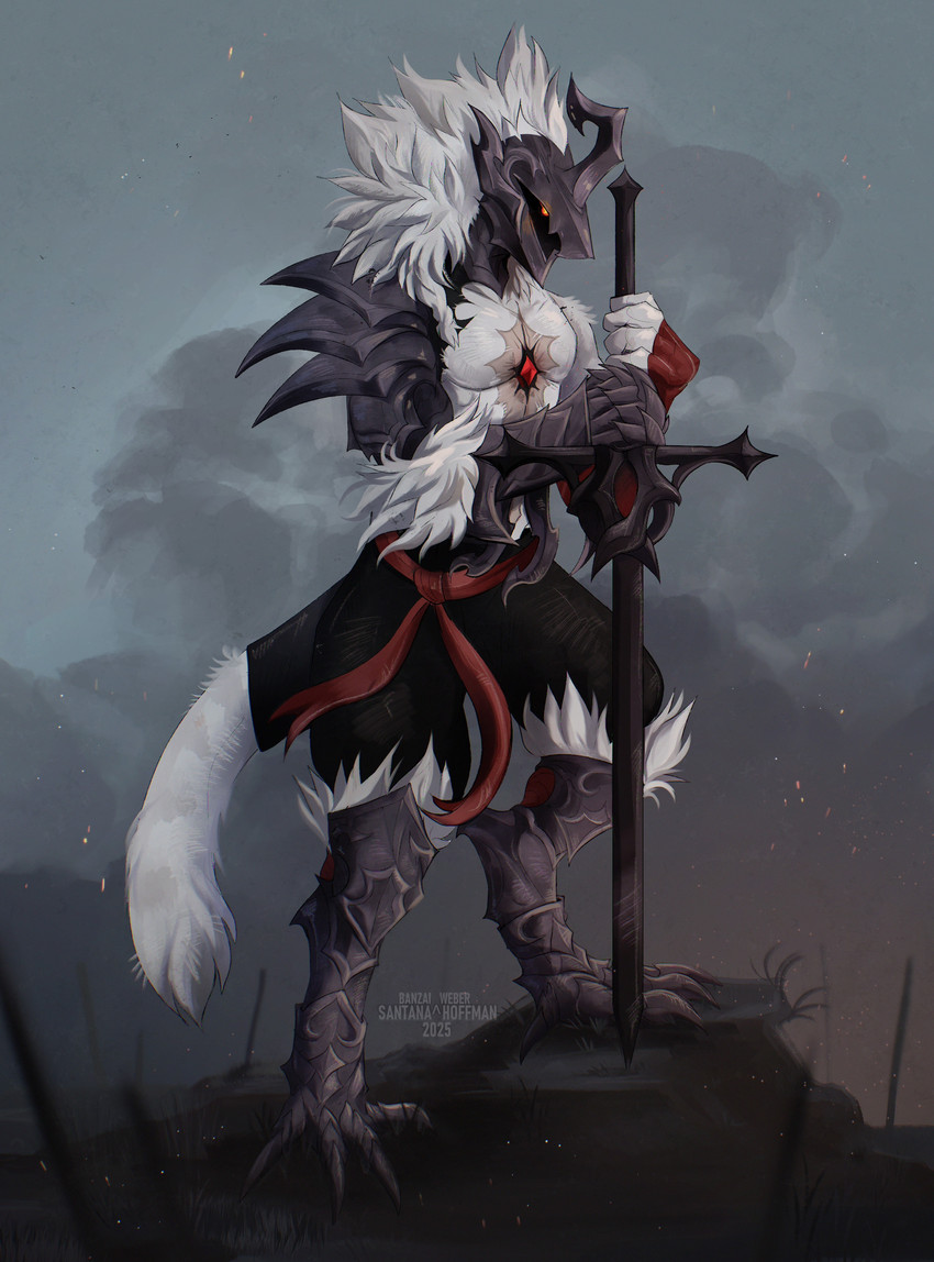 anthro armor black_bottomwear black_clothing black_pants bottomwear clothed clothing fur glowing glowing_eyes headgear helmet holding_melee_weapon holding_object holding_sword holding_weapon male male_anthro melee_weapon orange_eyes outside pants pecs solo sword tail text weapon white_body white_fur white_tail santanahoffman ambiguous_species 2025 absurd_res artist_name dated hi_res signature