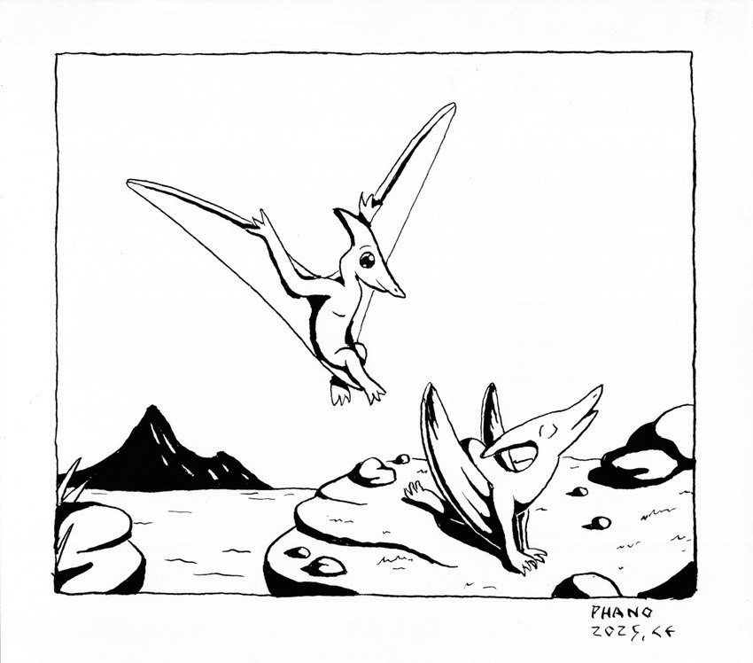 ambiguous_gender butt duo feral flying lake male male/male mountain presenting presenting_hindquarters rock smile water wings phano prehistoric_species pteranodon pteranodontid pterosaur reptile scalie monochrome