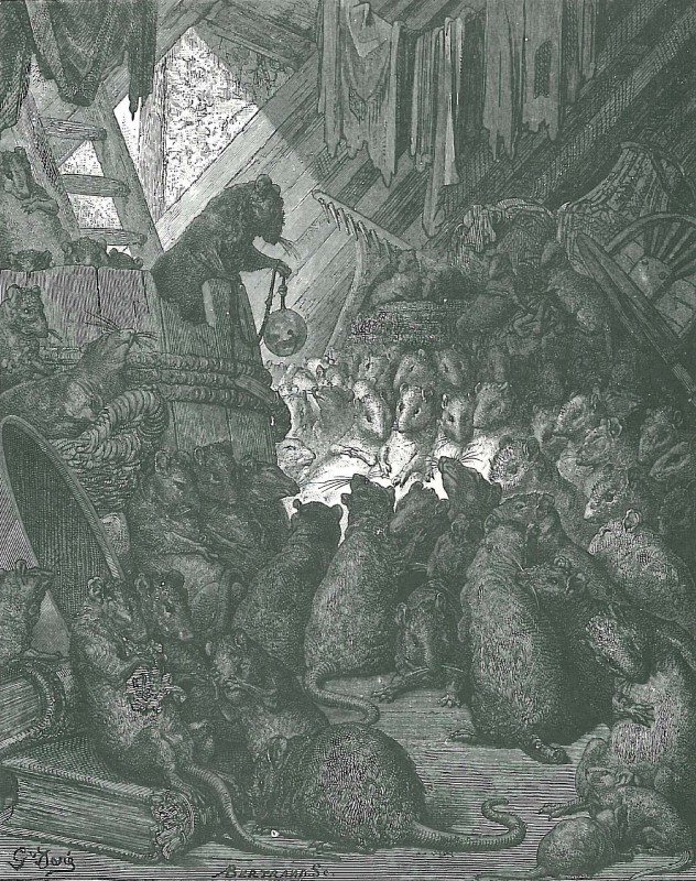 ambiguous_gender barrel bell book engraving feral group nude tail text whiskers gustave_dore belling_the_cat les_fables_de_la_fontaine mammal murid murine rat rodent 1868 19th_century ancient_art formal_art greyscale hi_res monochrome traditional_media_(artwork)