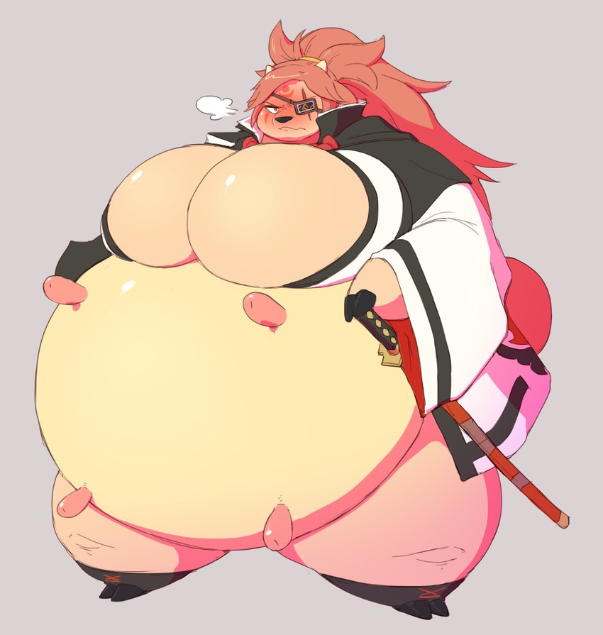 alternate_species anthro asian_clothing big_breasts black_nose blush breasts breasts_and_teats clothing east_asian_clothing eye_patch eyewear female hair hooves horn huge_breasts implied_transformation melee_weapon morbidly_obese morbidly_obese_anthro morbidly_obese_female obese obese_anthro obese_female overweight overweight_anthro overweight_female red_hair simple_background solo standing sword teats udders weapon wide_hips subakitsu arc_system_works guilty_gear nintendo pokemon baiken generation_2_pokemon miltank pokemon_(species) 2021