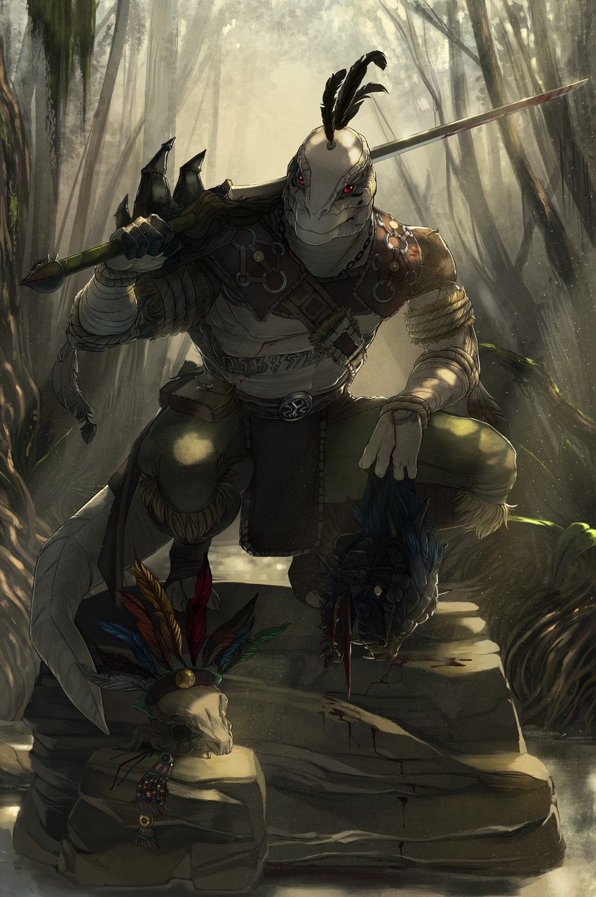 action_pose anthro armor biped blood bodily_fluids bone claws clothed clothing crouching death decapitation detailed_background duo feathers forest holding_head holding_melee_weapon holding_object holding_sword holding_weapon looking_at_viewer male melee_weapon outside plant pose red_eyes severed_body_part severed_head skull sword tattoo tongue tree weapon woadedfox microsoft the_elder_scrolls argonian scalie 2021 absurd_res digital_media_(artwork) hi_res