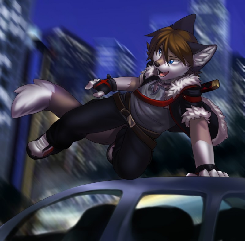 anthro asian_sword clothed clothing female fur hair katana melee_weapon open_mouth outside smile solo sword weapon jailbird canid canine mammal digital_media_(artwork)