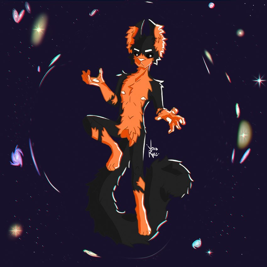 anthro black_body black_fur divine_wars fur galaxy male markings multicolored_body multicolored_fur obliwan_(divine_wars) orange_body orange_fur scenery simple_background solo tail universe voidryes domestic_cat felid feline felis mammal 1:1 digital_media_(artwork) hi_res widescreen