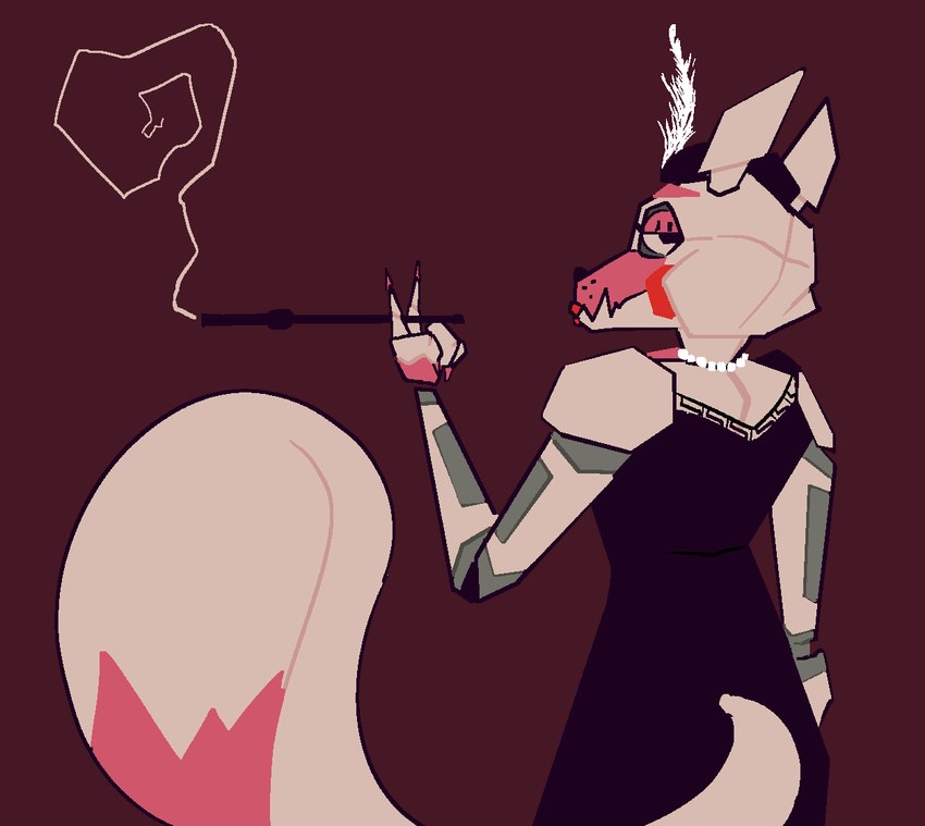 anthro cigarette clothed clothing dress female fingers gem hat headgear headwear jewelry lipstick looking_at_viewer looking_back machine makeup necklace pearl_(gem) pearl_necklace pink_body rear_view smoking solo gglloooopp five_nights_at_freddy's scottgames funtime_foxy_(fnaf) animatronic canid canine fox mammal robot 2023 digital_media_(artwork)