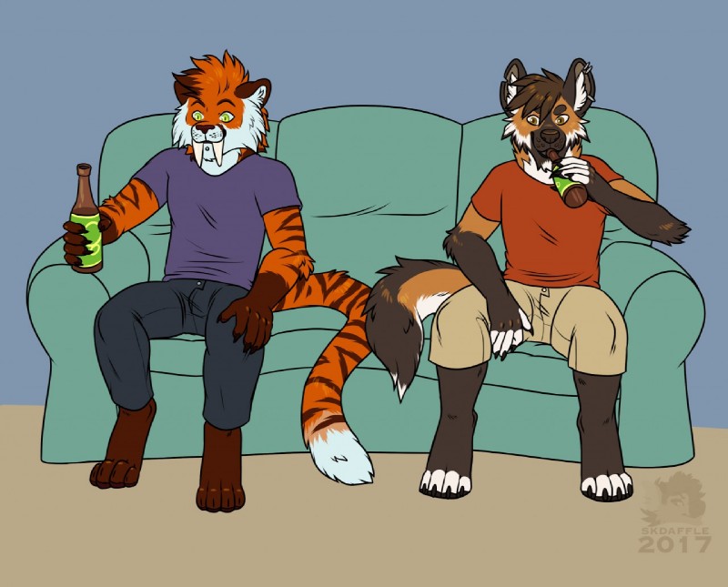 alcohol anthro beer beverage bottle bottomwear clothing container digitigrade drinking duo fangs furniture male pants sabertooth_(anatomy) shirt sitting sofa teeth topwear skdaffle colin-tox shooks canid canine felid fox hybrid mammal maned_wolf pantherine tiger 2017