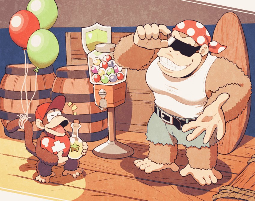 anthro attached_to_balloon balloon barrel belt bottomwear clothed clothing duo eyewear grin hat headgear headwear inflatable kerchief male muscular muscular_male pecs potion shield shirt shorts smile sunglasses tank_top topwear minashirazu donkey_kong_(series) nintendo diddy_kong funky_kong ape gorilla haplorhine mammal monkey primate