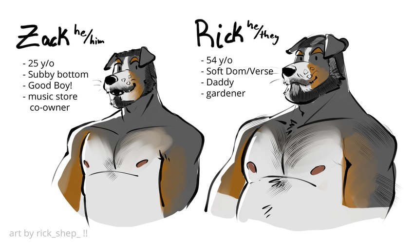 age_difference anthro beard belly black_hair body_hair chest_hair duo eyebrows facial_hair good_boy hair male mature_anthro mature_male mustache nipples pronouns stated_adult stated_age text whiskers rick_shep rick_(rick_shep) zack_(rick_shep) canid canine canis domestic_dog mammal 2023 absurd_res digital_media_(artwork) english_text hi_res model_sheet father_(lore) father_and_child_(lore) father_and_son_(lore) parent_(lore) parent_and_child_(lore) parent_and_son_(lore) son_(lore)