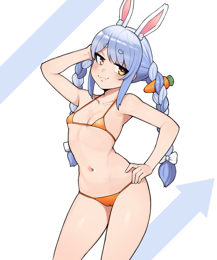 :3 bikini blue_hair braided_hair breasts camel_toe clothing female hair hand_on_hip navel pigtails small_breasts solo swimwear two-piece_swimsuit donburikazoku hololive vtuber usada_pekora animal_humanoid humanoid lagomorph lagomorph_humanoid leporid_humanoid mammal mammal_humanoid rabbit_humanoid 2020 5:6 absurd_res hi_res