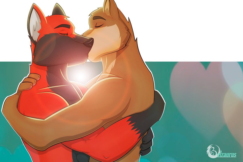 anthro arms_around_partner duo eyes_closed kissing loving_embrace male male/male romantic romantic_ambiance belzaurus_(artist) blaze_wolf jesse_cat canid canine canis domestic_cat felid feline felis mammal wolf hi_res