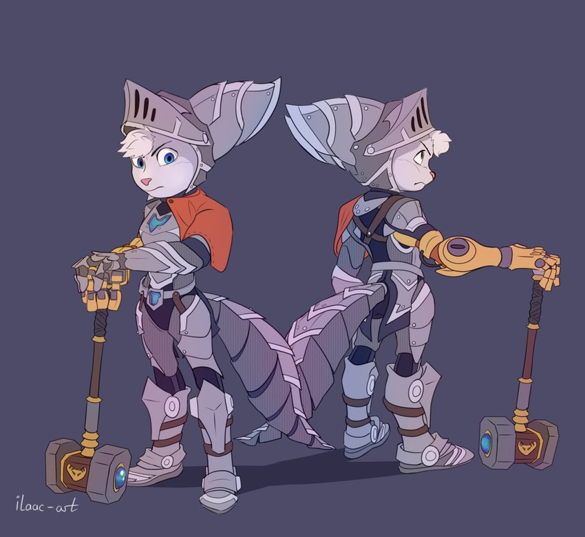 anthro armor blue_eyes breastplate clothing cybernetic_arm cybernetic_limb eyebrows female full_armor fur furgonomic_armor furgonomics grey_body grey_fur hammer head_tuft headgear helmet knight maul melee_weapon solo standing tail_armor tools tuft warrior weapon ilaac-art ratchet_and_clank sony_corporation sony_interactive_entertainment rivet_(ratchet_and_clank) lombax mammal 2024 hi_res