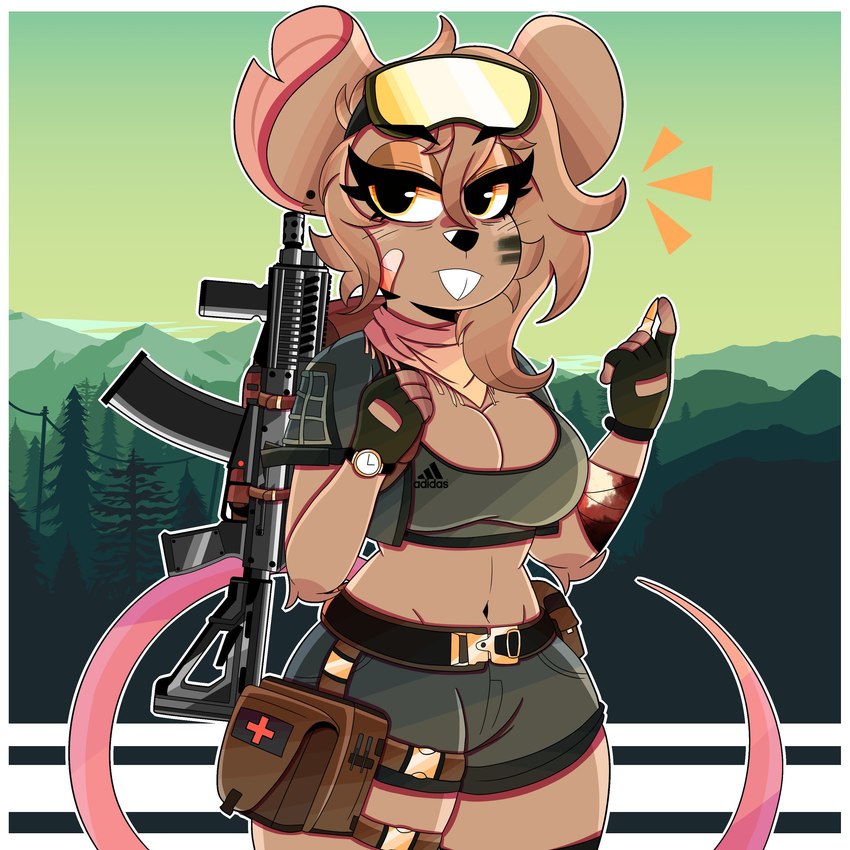 anthro assault_rifle band-aid bandage belt bottomwear breasts brown_body brown_fur brown_hair cleavage clock clothed clothing ear_piercing eyewear_on_head female fingerless_gloves fur gloves gun hair handwear holding_object inner_ear_fluff kerchief looking_at_viewer midriff navel piercing ranged_weapon red_cross rifle short_hair shorts solo tail tuft visor watch weapon wristwatch olly_moss wireless_shiba a.i.m._(game) adidas firewatch leah_pines_(wireless_shiba) mammal mouse murid murine rodent 1:1 2022 absurd_res hi_res