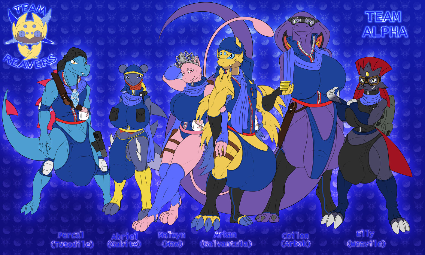 3_toes 4_toes anthro backpack balls big_balls big_breasts big_bulge big_penis blue_balls blue_penis breast_size_difference breasts briefs bulge bulge_size_difference clothing eyewear feet female footwear genitals gloves goggles grey_balls grey_penis group gynomorph handwear huge_balls huge_breasts huge_bulge huge_penis hyper hyper_balls hyper_breasts hyper_bulge hyper_genitalia hyper_penis intersex kerchief knee_pads knife knife_sheath leggings legwear lineup male medical_bag panties paws penis pokemorph purple_balls purple_penis scarf shirt sleeves socks speedo stretched_clothing swimwear tail thick_tail thong tight_bulges tight_clothing toeless_footwear toeless_legwear toes topwear torch underwear vest wide_hips yellow_balls yellow_penis zipper_topwear conditional_dnp samagthrav2 nintendo pokemon abriel_(flardan) arkan_(flardan) coilon_(flardan) elly_(flardan) malwyn_(flardan) percival_(flardan) arbok gabite galvantula generation_1_pokemon generation_2_pokemon generation_4_pokemon generation_5_pokemon legendary_pokemon mew_(pokemon) pokemon_(species) totodile weavile absurd_res hi_res