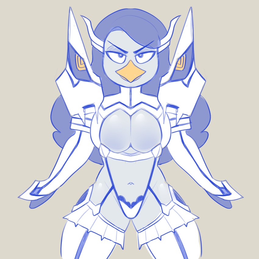 anthro beak big_breasts blue_body blue_eyes blue_feathers blue_hair breasts cleavage_cutout clothing cutout feathers female front_view grey_background hair huge_breasts inner_boob legwear long_hair looking_at_viewer navel simple_background solo stockings thick_thighs white_clothing white_legwear white_stockings wide_hips paeonypetals kill_la_kill studio_trigger doodle_(paeonypetals) junketsu avian bird penguin 1:1 absurd_res hi_res