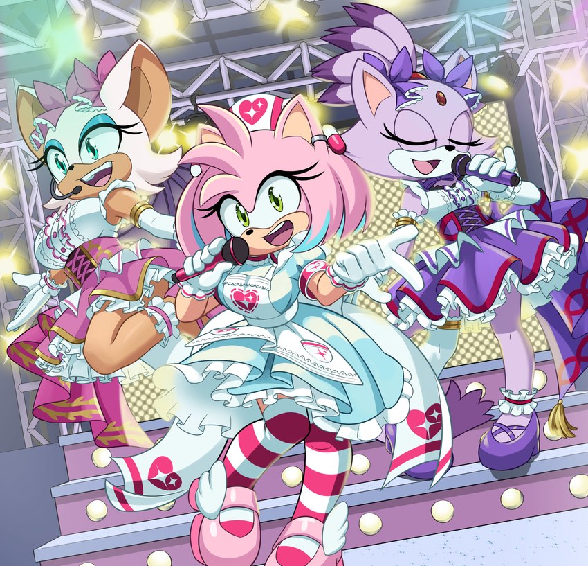 5_fingers anthro black_nose blue_eyes clothed clothing dress electronics eyelashes eyes_closed eyeshadow female fingers footwear forehead_gem gem gloves green_eyes group hair handwear holding_microphone holding_object makeup microphone open_mouth open_smile pink_hair purple_hair smile trio white_hair dstears sega sonic_the_hedgehog_(series) amy_rose blaze_the_cat rouge_the_bat bat domestic_cat eulipotyphlan felid feline felis hedgehog mammal 2024 hi_res