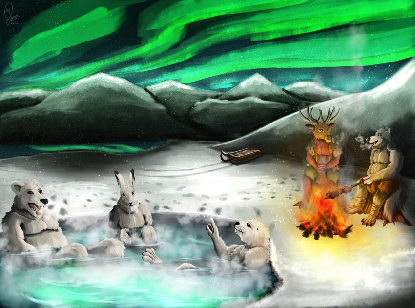 anthro arctic campfire chill food group hot_spring landscape male male/male meat mountain night red_elk relaxing sleigh snow steam water winter yenocwolf auroras mo_(momamo) yenoc arctic_hare bear canid canine canis hare harp_seal lagomorph leporid mammal marine pinniped polar_bear seal ursine wolf absurd_res hi_res