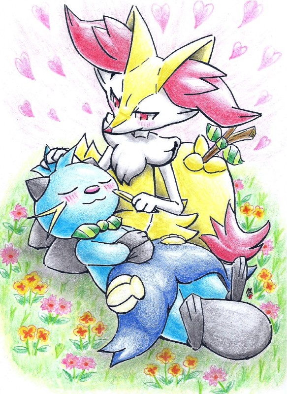 ambiguous_gender anthro blue_body blue_fur blush duo eyes_closed flower fur grass heart_symbol inner_ear_fluff multicolored_body multicolored_fur plant red_eyes simple_background smile tuft fullfolka nintendo pokemon braixen canid canine dewott generation_5_pokemon generation_6_pokemon mammal mustelid pokemon_(species) 2018 graphite_(artwork) hi_res traditional_media_(artwork)