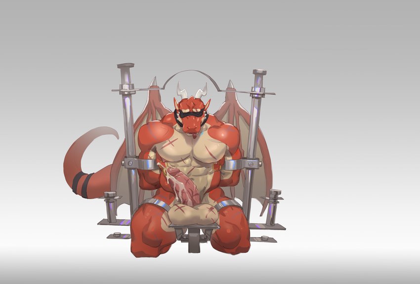 anthro balls_scar bdsm blindfold bodily_fluids bondage_furniture cuff_(restraint) cum ejaculation erection genital_fluids genital_piercing genitals hands_behind_back humanoid_genitalia humanoid_penis kneeling leaking_cum male membrane_(anatomy) membranous_wings muscular nipple_piercing nipple_ring nipples penis penis_piercing piercing prince_albert_piercing restraints ring_piercing scar shackles simple_background solo submissive submissive_male tail tongue tongue_out wings mamaduo mythology griffin_(awpdragon) dragon mythological_creature mythological_scalie scalie absurd_res hi_res