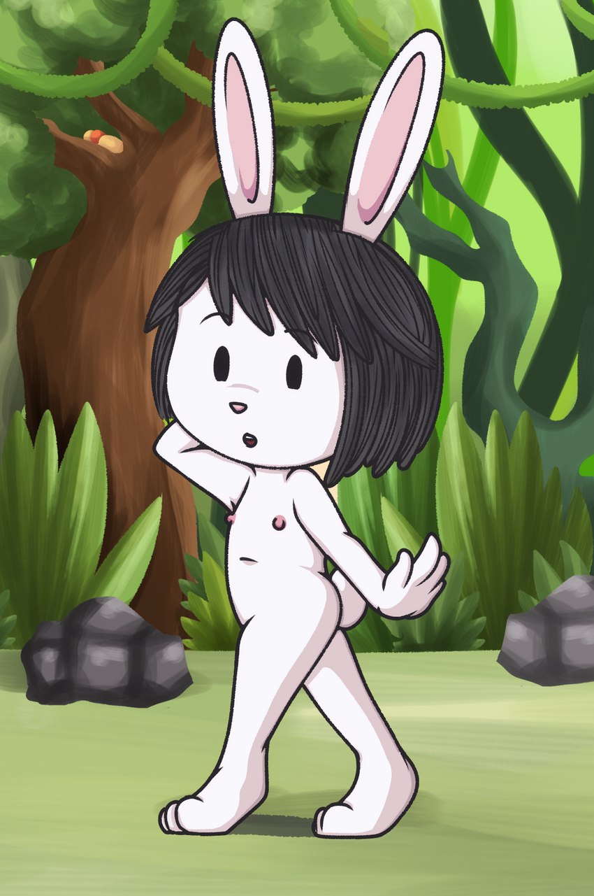 anthro black_hair female flat_chested fur hair hand_on_head nipples nude solo tiptoes turning white_body white_fur young young_anthro kcn elinor_wonders_why pbs elinor_rabbit lagomorph leporid mammal rabbit hi_res