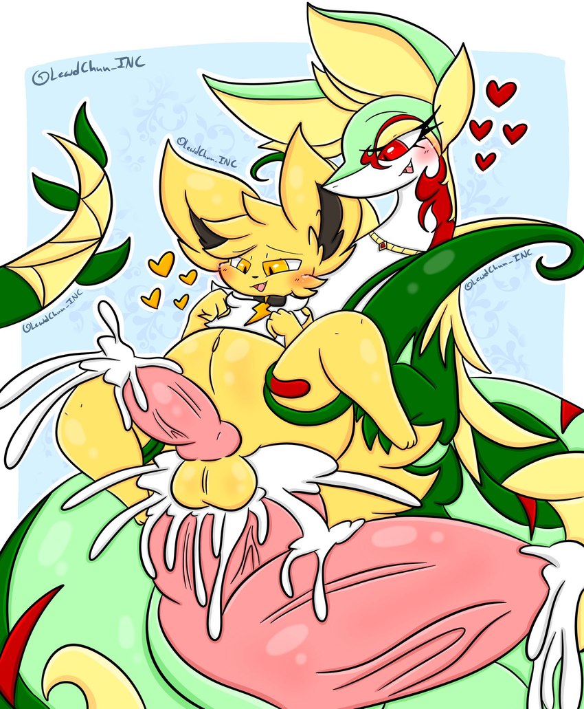 2_penises anthro belly big_belly big_penis collar duo genitals green_body heart_symbol huge_penis male male/male multi_genitalia multi_penis penis red_eyes tail vein veiny_muscles yellow_body yellow_eyes lewdchuu_(artist) nintendo pokemon jolt_(wm149) eeveelution generation_1_pokemon generation_5_pokemon jolteon pokemon_(species) serperior hi_res