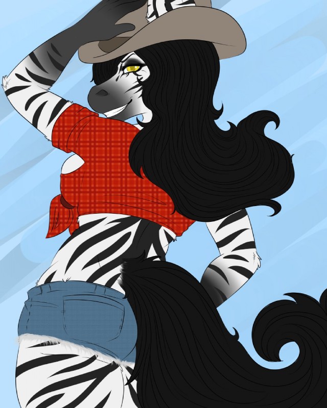 anthro black_body black_fur black_hair black_stripes black_tail blue_background bottomwear breasts butt clothed clothing cowboy_hat denim denim_clothing eyebrows eyelashes eyeshadow female fur grin hair hat headgear headwear long_hair long_tail looking_at_viewer looking_back makeup midriff multicolored_body multicolored_fur rear_view shirt shorts simple_background smile solo standing striped_body striped_fur stripes tail teeth tied_shirt topwear two_tone_body two_tone_fur white_body white_fur yellow_eyes kammymau vennela equid equine mammal zebra 2013 4:5 digital_media_(artwork) hi_res portrait three-quarter_portrait