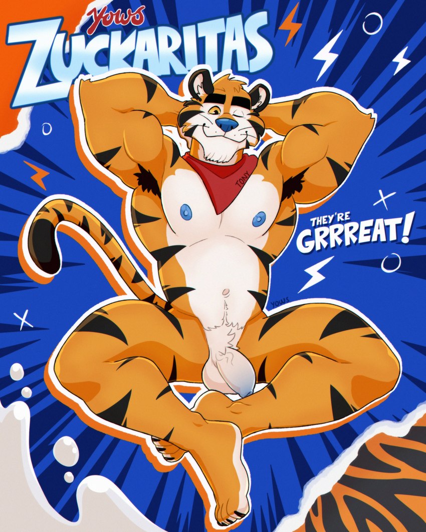 anthro armpit_hair balls black_eyebrows black_stripes blue_nipples blue_nose body_hair eyebrows flaccid foreskin genitals humanoid_genitalia humanoid_penis male mascot navel nipples nude orange_body orange_tail penis solo stripes tail text vein veiny_penis yows_(artist) frosted_flakes kellogg's tony_the_tiger felid mammal pantherine tiger 4:5 absurd_res english_text hi_res