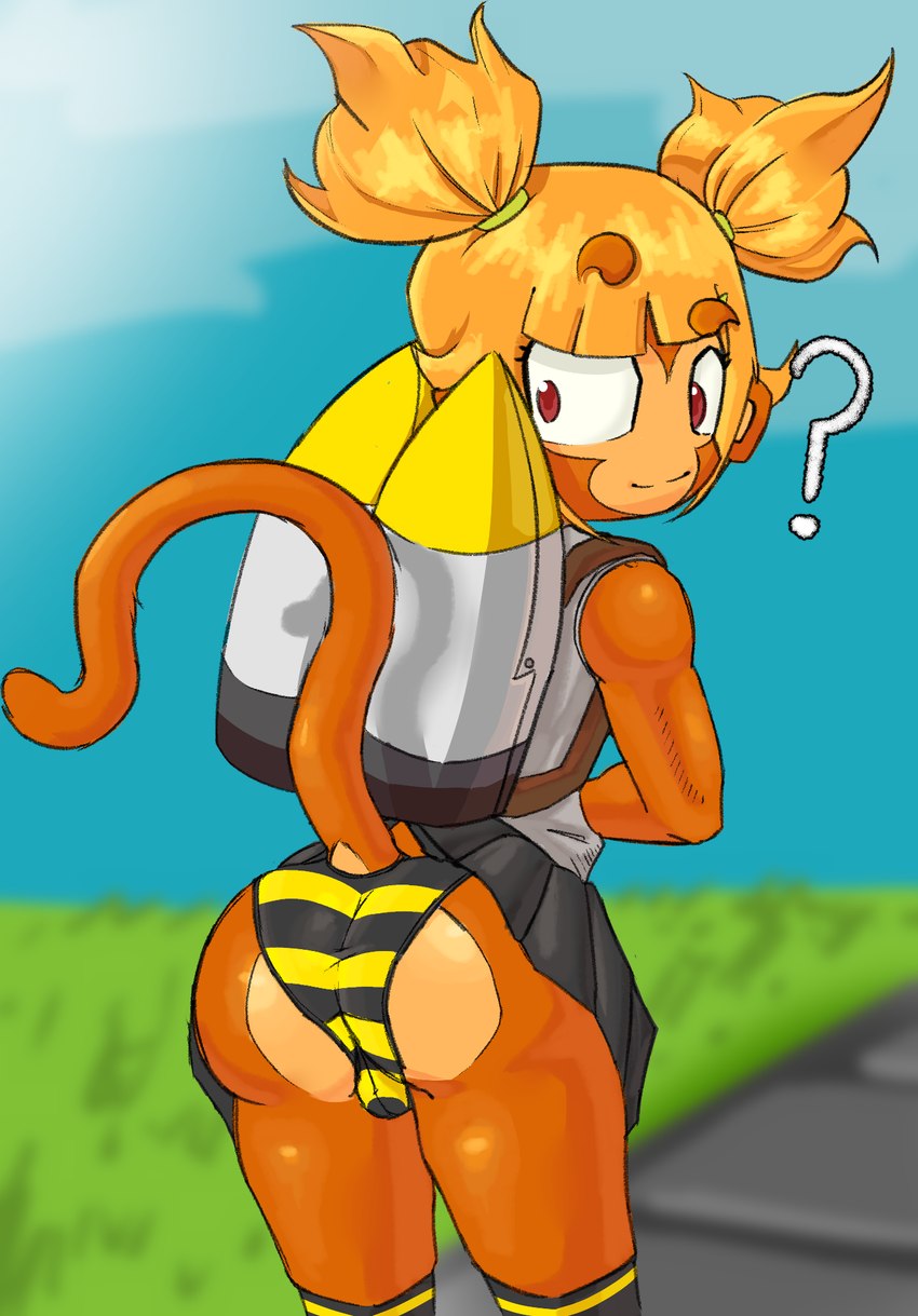 anthro big_butt blonde_hair butt clothed clothing female hair jet_pack looking_at_viewer low-angle_view panties pigtails underwear upskirt unknown_artist bloons_tower_defense ninja_kiwi rosalia_(bloons) haplorhine humanoid mammal monkey primate hi_res