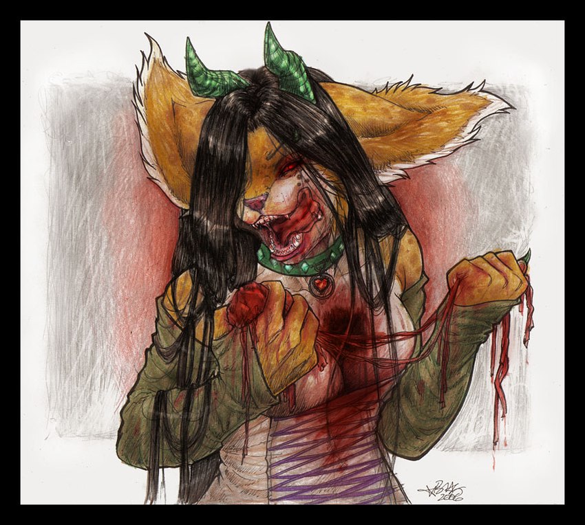 anthro auto_vore black_border blood bodily_fluids border clothing collar corset d: female female_pred gore grotesque hard_vore horn licking licking_lips licking_own_lips lingerie piercing red_eyes self_lick solo tongue tongue_out tongue_piercing topwear vore what vera_(artist) vera_(vera) langurhali 2006 half-length_portrait portrait traditional_media_(artwork)