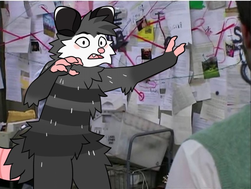 ambiguous_gender anthro claws fur inside looking_aside open_mouth solo standing fosbat it's_always_sunny_in_philadelphia pepe_silvia_(meme) american_opossum human mammal marsupial hi_res meme