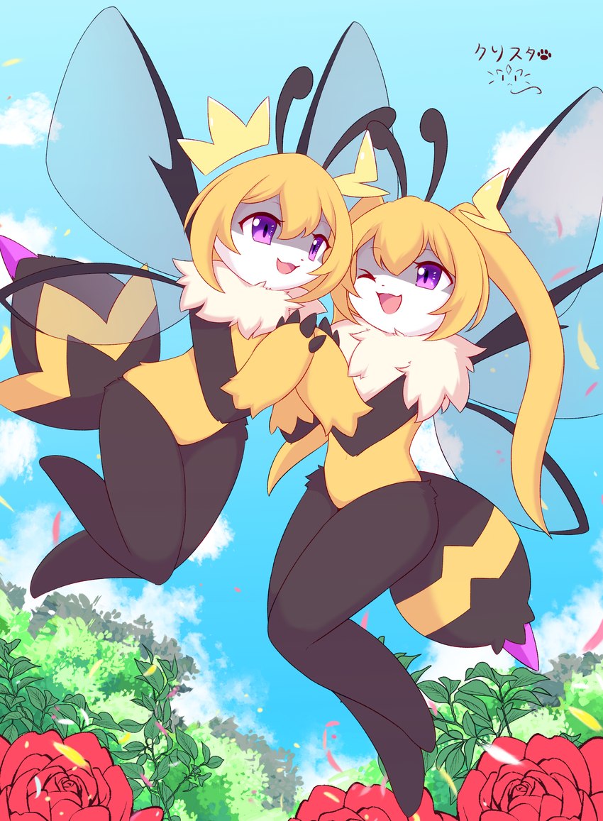 4_fingers antennae_(anatomy) anthro black_nose blonde_hair cloud detailed_background duo female fingers flower flying fur hair half-closed_eyes hand_holding leaf looking_at_another narrowed_eyes neck_tuft open_mouth paws plant purple_eyes shrub sky stinger tongue tuft white_body white_fur wings yellow_body yellow_fur kryztar solo_farming_in_the_tower queen_poisonous_honeybee_(solo_farming_in_the_tower) arthropod bee hymenopteran insect poison_honeybee_(solo_farming_in_the_tower) 2024 absurd_res hi_res