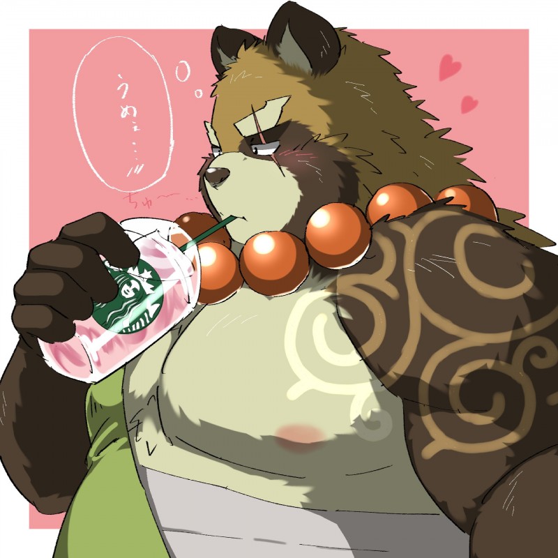 anthro bandage belly beverage big_belly blush clothing coffee drinking eye_scar facial_scar heart_symbol jewelry male necklace nipples robe scar slightly_chubby solo tattoo ptcmtr lifewonders starbucks tokyo_afterschool_summoners gyobu_(tas) canid canine mammal raccoon_dog tanuki 1:1 hi_res