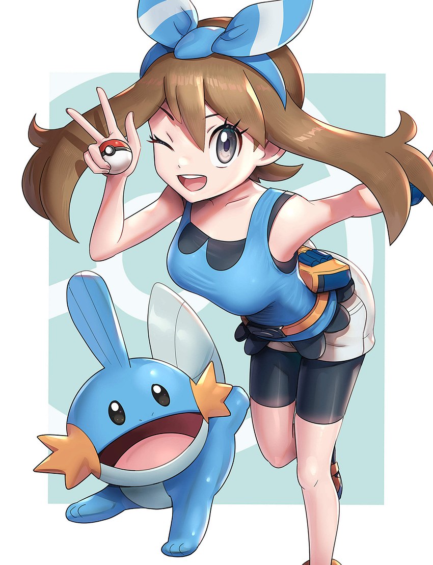 accessory ambiguous_gender bag bow_(feature) bow_accessory bow_ribbon brown_hair clothing duo female feral grey_eyes hair hair_accessory hair_bow hair_ribbon looking_at_viewer one_eye_closed open_mouth pokeball ribbons simple_background smile teeth tongue wink gonzarez1938 nintendo pokemon may_(pokemon) generation_3_pokemon human mammal mudkip pokemon_(species) hi_res