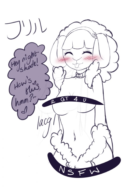 accessory anthro blush breasts censor_bar collar female headband heart_symbol solo text tongue tongue_out lacgl requestfaeg animal_crossing nintendo muffy_(animal_crossing) bovid caprine domestic_sheep mammal sheep censored english_text hi_res monochrome