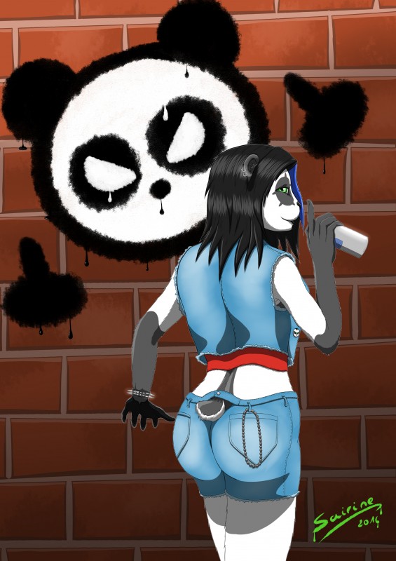 anthro blue_hair clothed clothing female gesture graffiti hair hand_gesture middle_finger solo sairine shein_li bear giant_panda mammal 2016 absurd_res hi_res